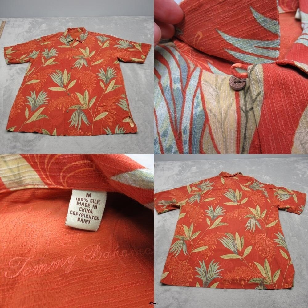 Tommy Bahama Silk Shirt Men Medium Orange Loop Collar Hawainn Pocket Button Up